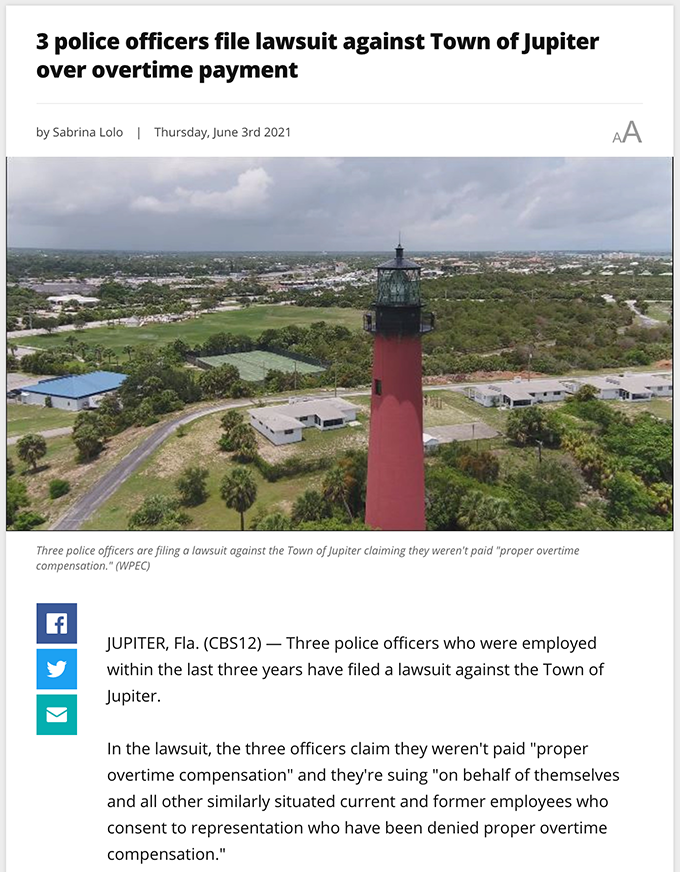 3 police officers file lawsuit against Town of Jupiter over overtime payment