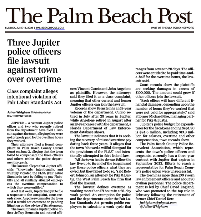 Three Jupiter police officers file lawsuit against town over overtime