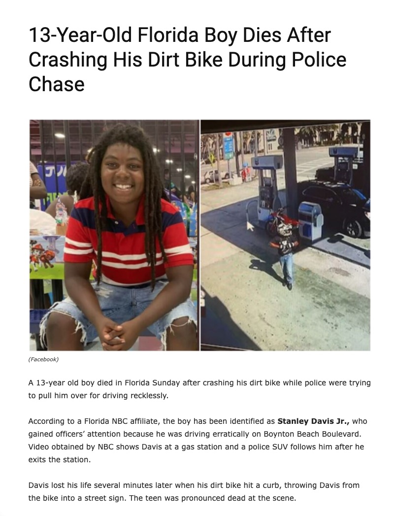 13-Year-Old Florida Boy Dies After Crashing His Dirt Bike During Police Chase