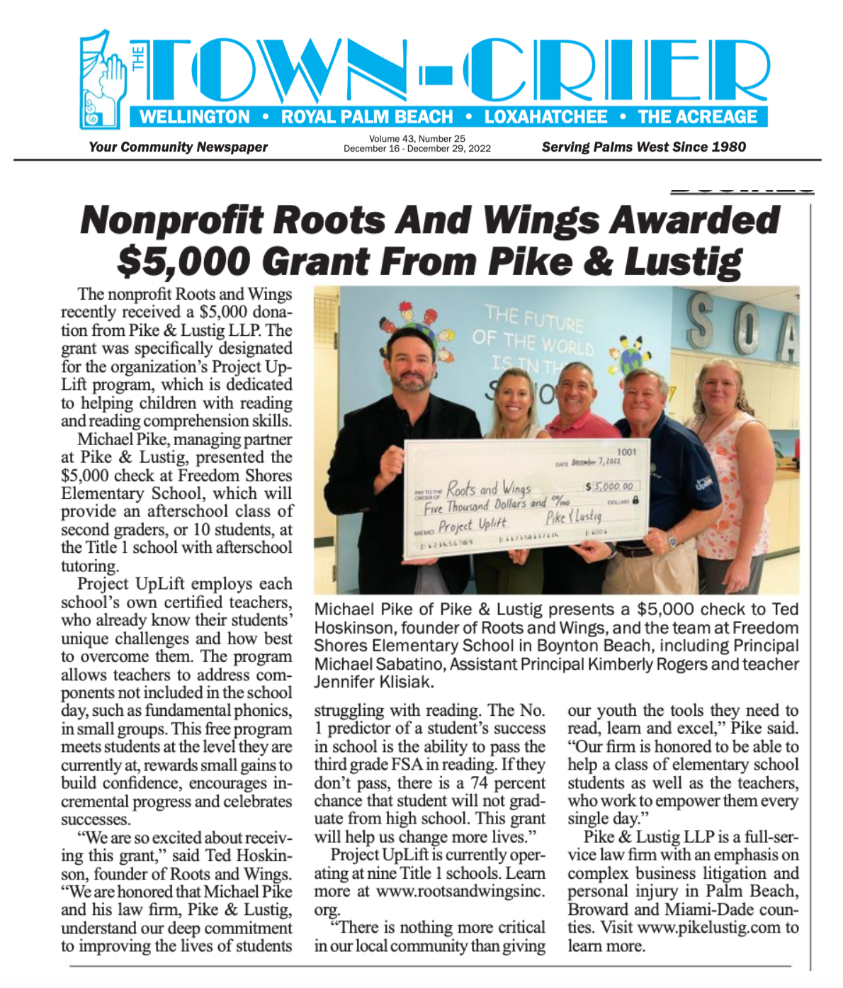 La Organización Sin Ánimo de Lucro Roots & Wings Recibe una Subvención de 5,000 Dólares