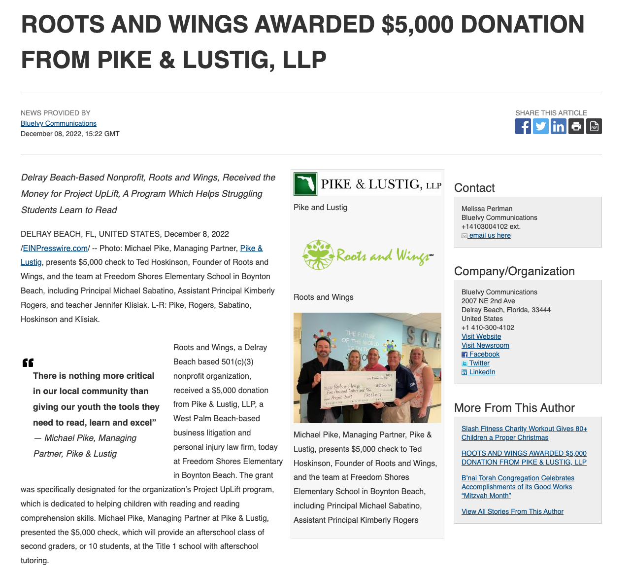 Roots and Wings recibe una donación de 5,000 dólares de parte de Pike & Lustig, LLP