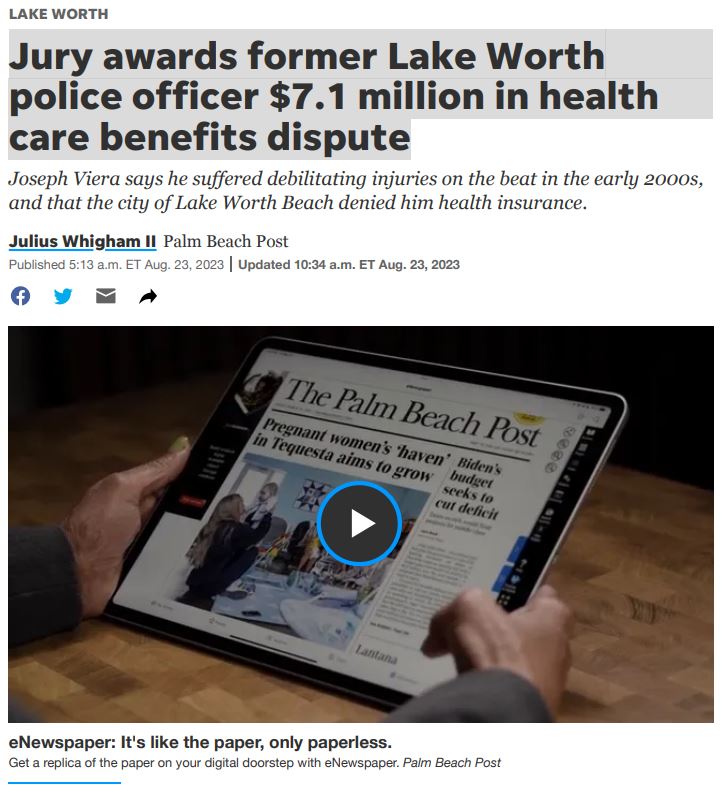 PB Post: El jurado otorga a exoficial de policía de Lake Worth $7,1 millones en disputa sobre beneficios de atención médica.