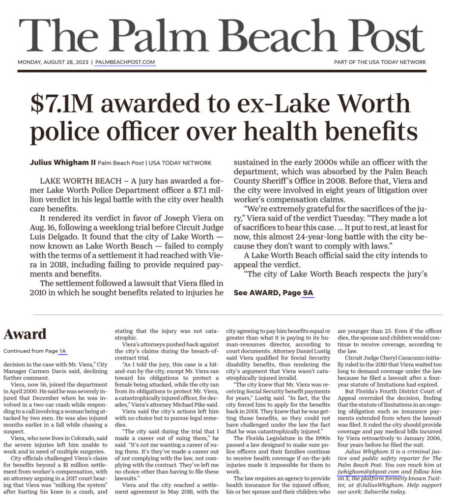 $7.1M awarded to ex-Lake Worth police officer over health benefits
